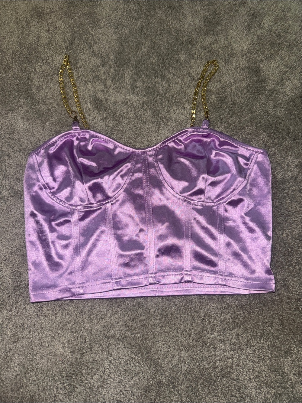 SHEIN Lavender Satin Corset Crop Top with Gold Chain Straps